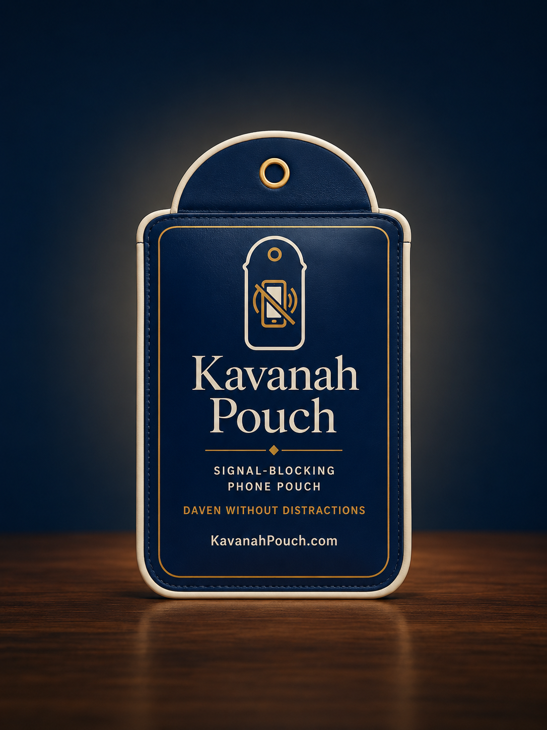 Kavanah Pouch — navy signal-blocking phone pouch with gold and cream accents
