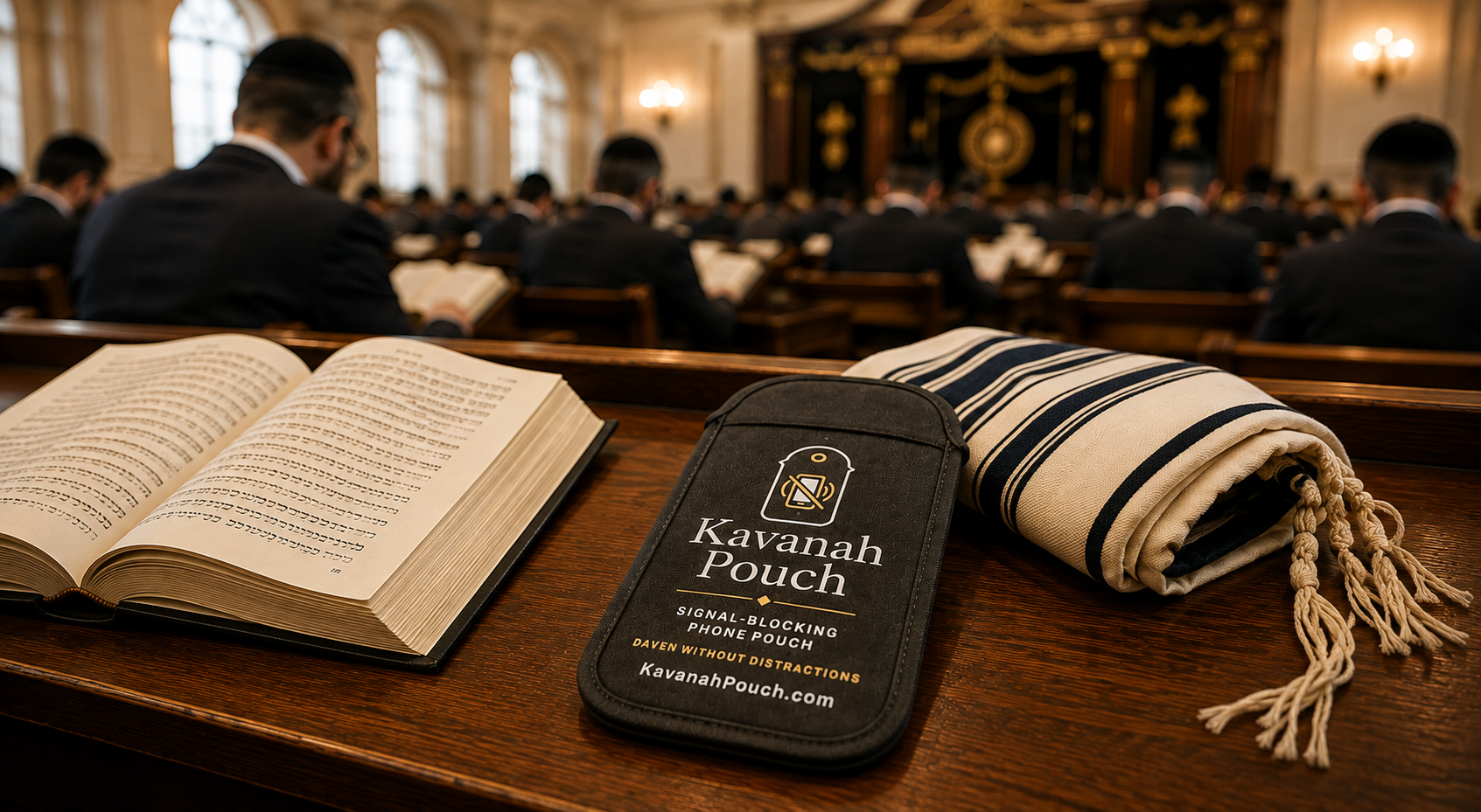 A Kavanah Pouch sitting visibly beside an open siddur and a tallis on a shul bench