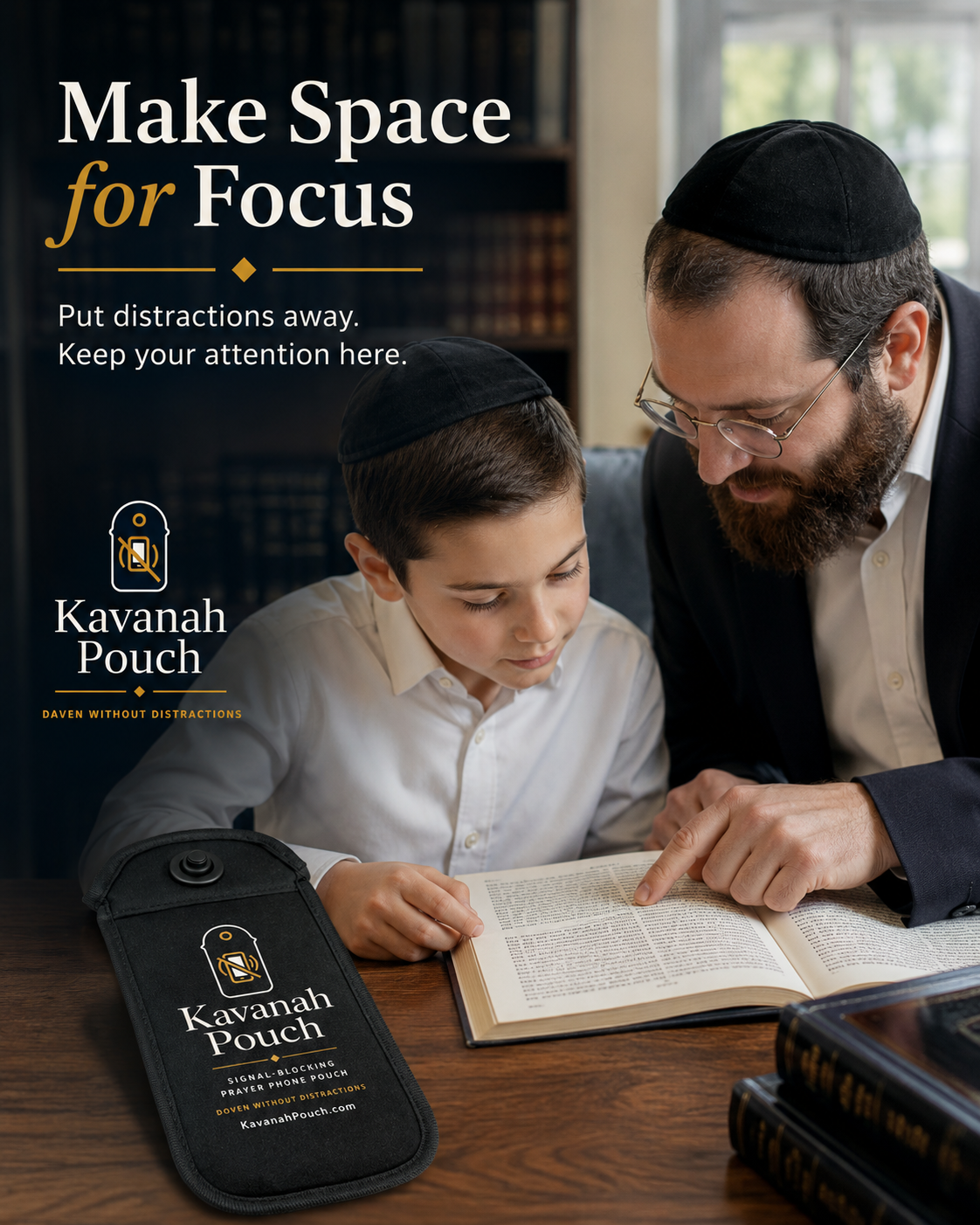 A father and son learning together with a Kavanah Pouch on the table