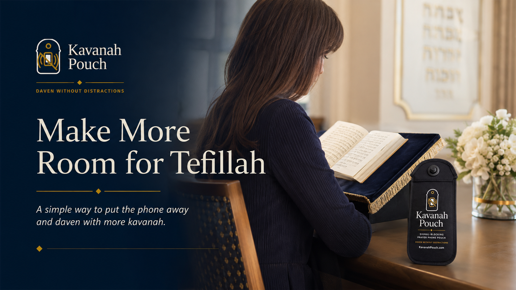A woman davening from a siddur with a Kavanah Pouch nearby holding her phone