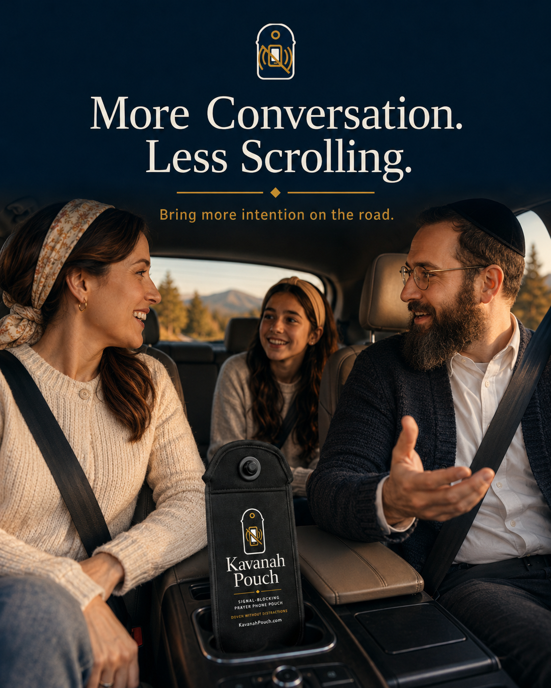 A frum family talking together during a car trip with a Kavanah Pouch in the center console
