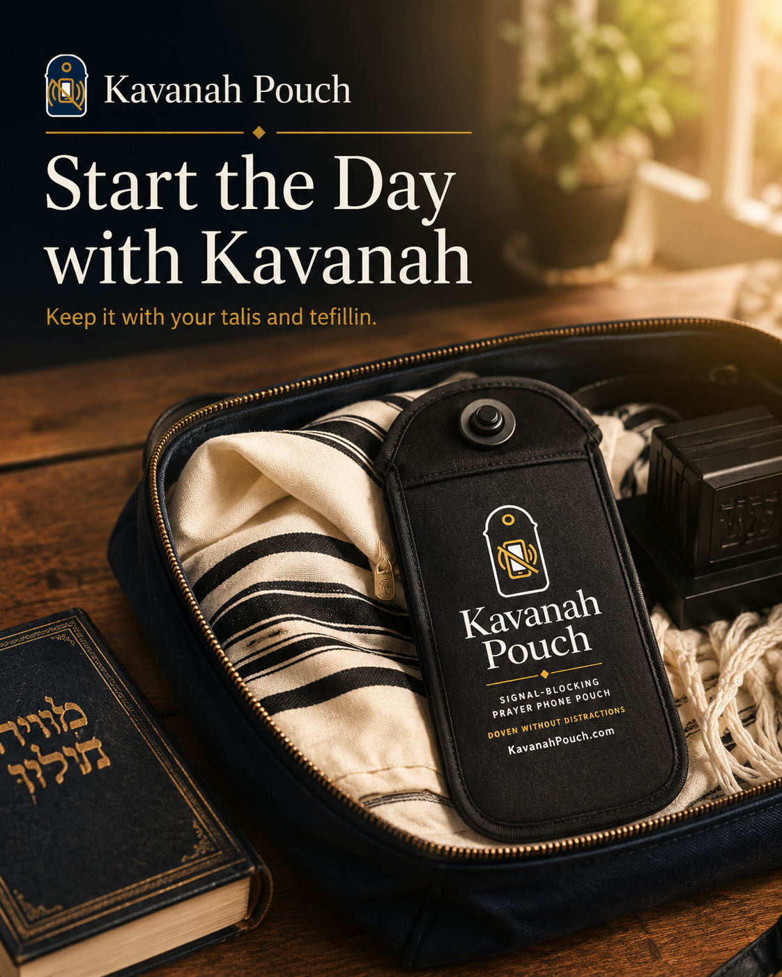 Kavanah Pouch kept with a tallis and tefillin as part of a morning davening routine